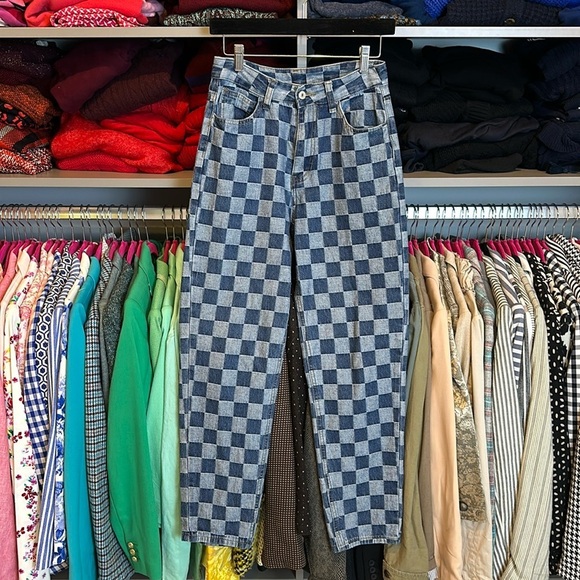 SHEIN blue checker board jeans size M - Picture 1 of 3